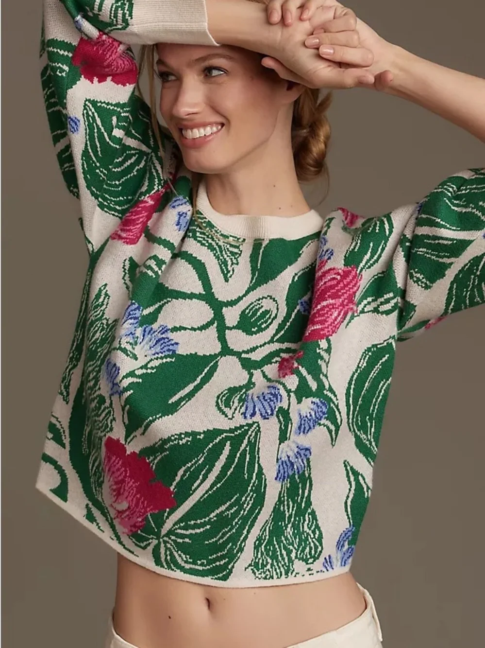 Anthropologie Yukiko Noritake Maeve Floral Crewneck Sweater Cropped Pink Green